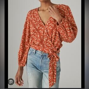 Lucky Brand Long Sleeve Printed Surplice Wrap Top Orange Floral Women’s
